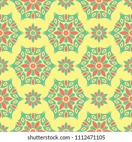 Floral seamless pattern. Bright colored background with pink and green flower elements for wallpapers, textile and fabrics