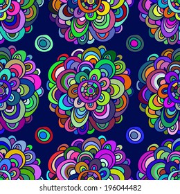 Floral seamless pattern. Bright colorful multicolored flowers and circles on a dark blue background. Vector.