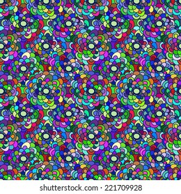 Floral seamless pattern. Bright colorful multicolored flowers and circles on a background. 