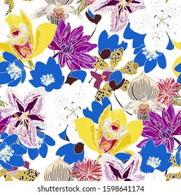Floral seamless  pattern with bright exotic flowers. Abstract background texture.