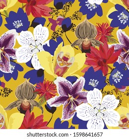 Floral seamless  pattern with bright exotic flowers. Abstract background texture.