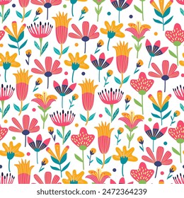 Floral seamless pattern with  bright exotic tropical flowers and leaves  on white. Great for fabrics, especially for linens, wrapping papers, wallpapers, covers. Vector illustration in flat style