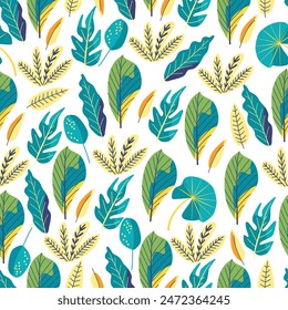 Floral seamless pattern with  bright exotic tropical flowers and leaves  on white. Great for fabrics, especially for linens, wrapping papers, wallpapers, covers. Vector illustration in flat style