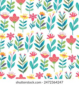 Floral seamless pattern with  bright exotic tropical flowers and leaves  on white. Great for fabrics, especially for linens, wrapping papers, wallpapers, covers. Vector illustration in flat style