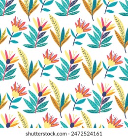 Floral seamless pattern with  bright exotic tropical flowers and leaves  on white. Great for fabrics, especially for linens, wrapping papers, wallpapers, covers. Vector illustration in flat style