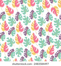 Floral seamless pattern with bright exotic tropical leaves on white. Great for fabrics, especially for linens, wrapping papers, wallpapers, covers. Vector illustration in flat style