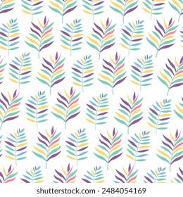 Floral seamless pattern with bright exotic tropical leaves on white. Great for fabrics, especially for linens, wrapping papers, wallpapers, covers. Vector illustration in flat style