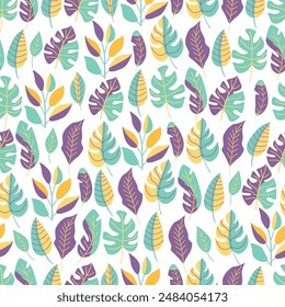 Floral seamless pattern with bright exotic tropical leaves on white. Great for fabrics, especially for linens, wrapping papers, wallpapers, covers. Vector illustration in flat style