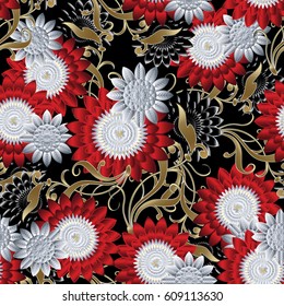 Floral seamless pattern. Bright flourish background wallpaper illustration with vintage 3d  red and white flowers, gold antique leaves and flowery ornaments. Vector luxury surface  texture for fabric.