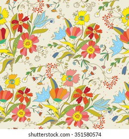 Floral seamless pattern with bright flowers, leaves and dots - vector design