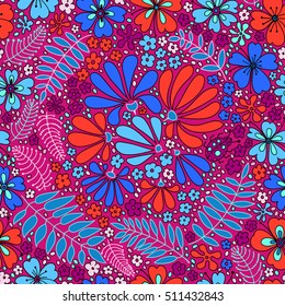 Floral seamless pattern. Bright flowers on a dark blue background, color graphics, hand-drawn vector.