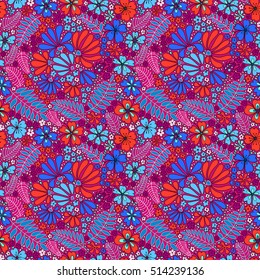Floral seamless pattern. Bright flowers on a dark blue background, color graphics, hand-drawn vector.