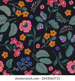 Floral seamless pattern, bright folk flowers on dark background. Calico design for textile printing, paper, wallpaper
