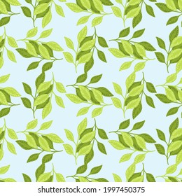 Blumennahtloses Muster mit hellgrünem Blattprofil. Blauer Hintergrund. Zweige verzieren Zierde. Flacher Vektordruck für Textilien, Gewebe, Geschenkpapier, Wallpaper. Endlose Illustration.