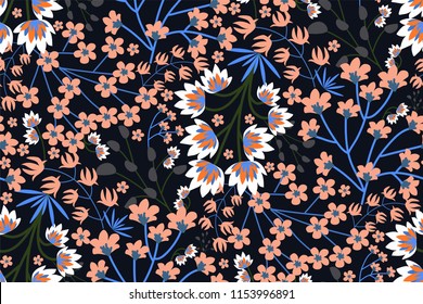 Floral seamless pattern with bright pale pink flowers and leaves on a dark background . Hand vector illustration. Perfect for creating unusual fabrics, design of magazine covers, books. 