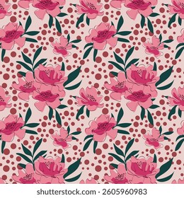 Floral seamless pattern. Bright peonies flowers with circles. Vector. Template for modern design of fabric, textile, wrappin
