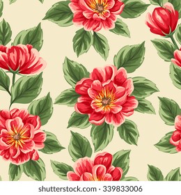 Floral seamless pattern with bright peonies stylized like watercolor