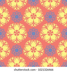 Floral seamless pattern. Bright pink orange background with yellow and blue flower elements for wallpapers, textile and fabrics