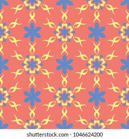 Floral seamless pattern. Bright pink orange background with yellow and blue flower elements for wallpapers, textile and fabrics