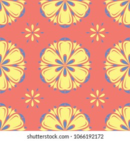 Floral seamless pattern. Bright pink orange background with yellow and blue flower elements for wallpapers, textile and fabrics