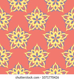 Floral seamless pattern. Bright pink orange background with yellow and blue flower elements for wallpapers, textile and fabrics