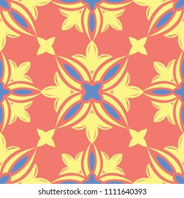 Floral seamless pattern. Bright pink orange background with yellow and blue flower elements for wallpapers, textile and fabrics