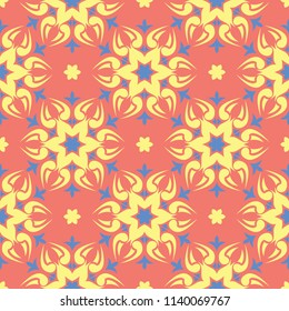 Floral seamless pattern. Bright pink orange background with yellow and blue flower elements for wallpapers, textile and fabrics