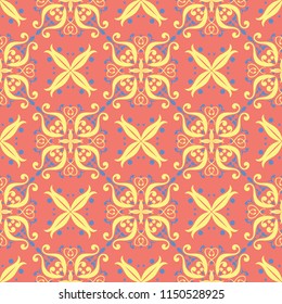Floral seamless pattern. Bright pink orange background with yellow and blue flower elements for wallpapers, textile and fabrics