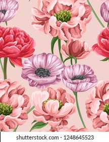 Floral seamless pattern with bright poppies, peonies and roses on teal background