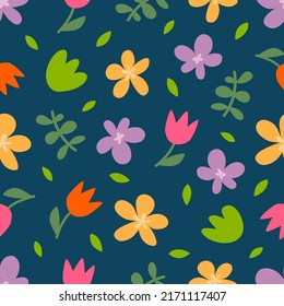 Floral seamless pattern. Bright, simple flowers on a dark background.