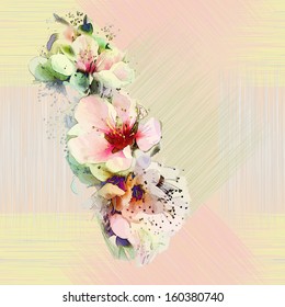 Floral seamless pattern with bright spring flowers on grunge striped background in pastel colors