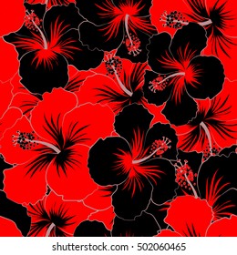 Floral seamless pattern with bright summer flowers in black and red colors. Endless vector texture for romantic design, decoration, greeting cards, posters, invitations, for textile print and fabric.