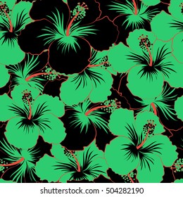 Floral seamless pattern with bright summer flowers in black and green colors. Endless vector texture for romantic design, decoration, greeting cards, posters, advertisement, for textile print, fabric.