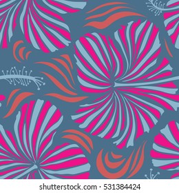 Floral seamless pattern with bright summer flowers in blue and magenta colors. Endless vector texture for romantic design, decoration, greeting cards, posters, invitations, for textile print or fabric