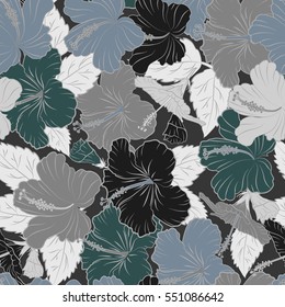 Floral seamless pattern with bright summer flowers in gray and blue colors. Endless vector texture for romantic design, decoration, greeting cards, posters, invitations, for textile print and fabric.