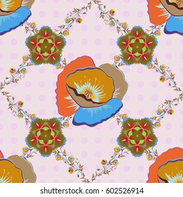 Floral seamless pattern with bright summer flowers in pink and blue colors. Endless vector texture for romantic design, decoration, greeting cards, posters, wrapping, for textile print and fabric.