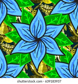 Floral seamless pattern with bright summer flowers in blue colors. Endless vector texture for romantic design, decoration, greeting cards, posters, wrapping, for textile print and fabric.