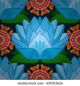 Floral seamless pattern with bright summer flowers in blue colors. Endless vector texture for romantic design, decoration, greeting cards, posters, wrapping, for textile print and fabric.