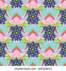Floral seamless pattern with bright summer flowers in colors. Endless vector texture for romantic design, decoration, greeting cards, posters, wrapping, for textile print and fabric.