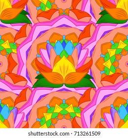 Floral seamless pattern with bright summer flowers in orange, pink, green colors. Endless vector texture for romantic design, decoration, greeting cards, posters, wrapping, for textile print, fabric.