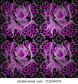 Floral seamless pattern with bright summer flowers in black, purple, neutral, pink colors. Endless vector texture for romantic design, decoration, cards, posters, wrapping, for textile print, fabric.