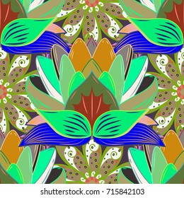 Floral seamless pattern with bright summer flowers in green, neutral blue colors. Endless vector texture for romantic design, decoration, greeting cards, posters, wrapping, for textile print, fabric.