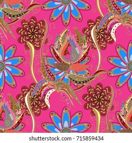 Floral seamless pattern with bright summer flowers in magenta, beige, blue colors. Endless vector texture for romantic design, decoration, greeting cards, posters, wrapping, for textile print, fabric.