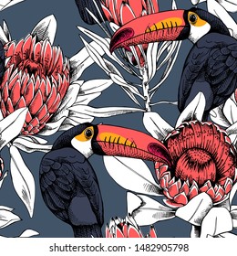 Floral Seamless pattern. Bright Toucan and a red exotic protea flowers on a blue-gray background. Textile composition, hand drawn style print. Vector illustration.