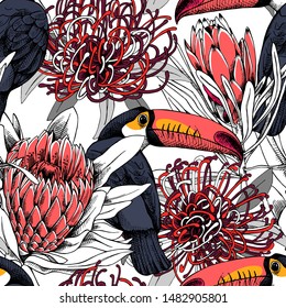 Floral Seamless pattern. Bright Toucan with a red exotic protea (Sugarbushes and African) flowers. Textile composition, hand drawn style print. Vector illustration.