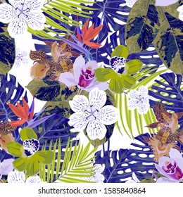 Floral seamless  pattern with bright tropical leaves and exotic flowers. Pattern can be used for wallpaper and textile, pattern fills, web page background, surface textures.