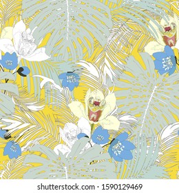 Floral seamless  pattern with bright tropical leaves and exotic flowers. Pattern can be used for wallpaper and textile, pattern fills, web page background, surface textures.