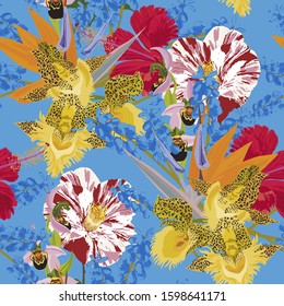 Floral seamless  pattern with bright tropical leaves and exotic flowers. Abstract background texture.