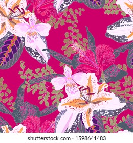 Floral seamless  pattern with bright tropical leaves and exotic flowers. Abstract background texture.