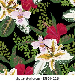 Floral seamless  pattern with bright tropical leaves and exotic flowers. Abstract background texture.